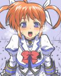  1girl ahoge bangs blue_eyes blush bow bowtie breath cracked_wall debris dress hair_ribbon juliet_sleeves long_sleeves looking_at_viewer lyrical_nanoha open_mouth orange_hair puffy_sleeves ribbon solo takamachi_nanoha to-gnaniwa twintails upper_body white_dress 