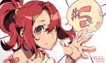  1girl alternate_costume artist_name hair_ornament hairclip kiznaiver number off_shoulder ponytail red_eyes redhead sakamoto_masaru shirt speech_bubble t-shirt takashiro_chidori tears upper_body 