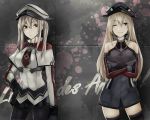  2girls 328_(artist) ;) bare_shoulders bismarck_(kantai_collection) black_gloves blonde_hair capelet contrapposto crossed_arms dress elbow_gloves eyes_visible_through_hair gloves graf_zeppelin_(kantai_collection) graffiti green_eyes hair_between_eyes hand_on_hip hat kantai_collection long_hair looking_at_viewer military miniskirt multiple_girls necktie one_eye_closed pantyhose peaked_cap pleated_skirt short_dress sidelocks skirt smile thigh-highs twintails 