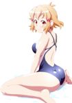  1girl ass back bare_shoulders blush breasts brown_eyes brown_hair competition_swimsuit from_behind hair_ornament hairclip looking_at_viewer looking_back one-piece_swimsuit senki_zesshou_symphogear shiny shiny_clothes shiny_hair short_hair simple_background sitting smile solo swimsuit tachibana_hibiki_(symphogear) wariza water wet white_background zetsumu 