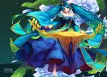  1girl :d bangs bare_shoulders barefoot blue_dress blue_eyes blue_hair breasts character_name cleavage copyright_name curry_bowl dress etwahl eyebrows eyebrows_visible_through_hair floral_background full_body hair_ornament head_tilt instrument leaf league_of_legends light_particles long_hair long_sleeves looking_at_viewer open_mouth petals playing_instrument smile solo sona_buvelle twintails very_long_hair white_flower wide_sleeves 