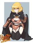  1girl agawa_ryou blonde_hair breasts cape cleavage clementine_(overlord) garters looking_at_viewer overlord_(maruyama) red_eyes short_hair smile solo thighs wide_hips 