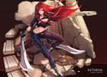  1girl breasts character_name cleavage closed_mouth copyright_name curry_bowl gloves hair_between_eyes katarina_du_couteau large_breasts league_of_legends long_hair looking_at_viewer midriff navel redhead scar scar_across_eye solo weapon 