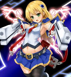  1girl belt black_legwear blazblue blonde_hair capelet dual_persona energy_wings gloves green_eyes gun hair_ornament handgun highres long_hair looking_at_viewer midriff navel noel_vermillion open_mouth shiron_(e1na1e2lu2ne3ru3) shirt skirt solo thigh-highs thighs very_long_hair weapon white_gloves zettai_ryouiki 