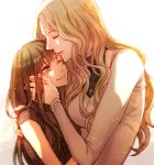  age_difference blonde_hair bodysuit brown_hair clare_(claymore) claymore closed_eyes hands_in_hair one_eye_closed roukaku17 smile teresa white_background yuri 