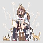  1girl :3 =_= animal animal_in_clothes animal_on_head animal_on_lap arm_support between_legs black_skirt blush breasts brown_hair cat cat_on_head cat_on_lap colored_eyelashes confused fangs full_body grey_background hand_between_legs kneeling long_hair open_mouth original outline school_uniform scratching serafuku shade shoes short_sleeves simple_background sitting_on_chair skirt spread_legs surrounded syego too_many too_many_cats twitter_username uwabaki wavy_mouth 