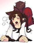  1girl all_fours animal_ears breasts brown_hair cleavage imaizumi_kagerou long_hair long_sleeves looking_at_viewer one_eye_closed open_mouth red_eyes shirt skirt sweat tail taketora_suzume tears touhou trembling wide_sleeves wolf_ears wolf_tail 