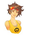  1girl bare_shoulders brown_eyes brown_hair casual earrings freckles goggles highres jewelry lips looking_at_viewer overwatch short_hair simple_background smile solo superboin tank_top tracer_(overwatch) upper_body white_background 