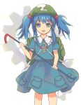  1girl artist_request back backpack bag blue_eyes blue_hair crowbar dress dress_shirt hair_bobbles hair_ornament hat highres kawashiro_nitori key looking_at_viewer open_mouth pocket puffy_short_sleeves puffy_sleeves shirt short_hair short_sleeves skirt skirt_set smile solo touhou two_side_up 