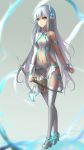  1girl bow_(weapon) breasts cleavage long_hair navel original pointy_ears revealing_clothes single_sleeve solo thigh-highs wangchuan_de_quanyan weapon white_hair yellow_eyes 