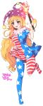  1girl american_flag_dress american_flag_legwear bangs blonde_hair blush character_name clownpiece collar dress echizen_(hvcv) fire frilled_collar frills hat heart highres jester_cap long_hair looking_at_viewer open_mouth pantyhose polka_dot red_eyes short_dress short_sleeves simple_background smile solo standing_on_one_leg star striped teeth touhou very_long_hair white_background 