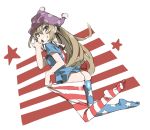  1girl american_flag_legwear american_flag_shirt ass black_eyes blonde_hair clownpiece collar feet finger_in_mouth frilled_collar frills grin hat jester_cap long_hair looking_at_viewer looking_back muchi_maro no_panties pantyhose pantyhose_pull polka_dot pulled_by_self shirt short_sleeves simple_background smile solo star striped teeth touhou very_long_hair 