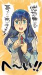  bangs blue_hair book commentary_request glasses green_eyes hairband highres holding holding_book index_finger_raised kantai_collection long_hair looking_at_viewer necktie nonco ooyodo_(kantai_collection) open_mouth pointing pointing_at_viewer school_uniform serafuku shirt translation_request 