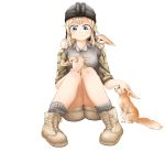  1girl animal animal_on_lap animal_on_shoulder artist_request blonde_hair blue_eyes boots camouflage collar color combat_boots fennec_fox full_body helmet highres knees_together_feet_apart night_vision_device operator-chan petting short_hats short_shorts shorts sitting smile transparent_background 