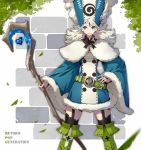  1girl belt black_legwear blue_coat blue_eyes boots capelet coat english fur_trim garter_straps green_boots heart hirobee holding_staff knee_boots leaf looking_away looking_to_the_side original solo staff thigh-highs white_hair wide_sleeves 