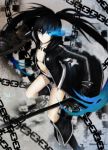  1girl belt bikini black_bikini black_boots black_gloves black_hair black_rock_shooter black_rock_shooter_(character) black_shorts blue_eyes boots burning_eyes chain dated flat_chest gloves highres jewelry long_hair mek necklace short_shorts shorts signature solo swimsuit twintails 