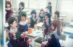  &gt;:( 1boy 6+girls :d :o absurdres book braid chair chopsticks crease curtains desk eating extra food forehead from_side furoshiki gakuran glasses hair_ornament hairclip hashi_hiroe hibike!_euphonium highres hirao_sumiko ikeda_shouko kneehighs long_hair looking_back lunch maki_chikai miya_kiriko morita_shinobu_(hibike!_euphonium) multiple_girls obentou ogasawara_haruka okamoto_raimu on_desk onigiri open_book open_mouth oumae_kumiko papers pleated_skirt profile rice saitou_aoi scan school_desk school_uniform serafuku short_hair sitting sitting_on_desk skirt smile standing takigawa_chikao thermos topknot twin_braids twintails v white_legwear window wrapped_obentou 