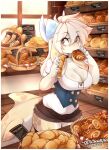  1girl artist_name bakery bread breasts brown_shorts choker collarbone colored_skin corset eating eyebrows_visible_through_hair food food_in_mouth furry highres holding holding_food large_breasts long_hair original shop short_shorts shorts solo teranen white_hair white_skin 