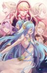 aqua_(fire_emblem_if) back-to-back blonde_hair blue_hair camilla_(fire_emblem_if) covered_mouth detached_collar detached_sleeves dress dual_persona elise_(fire_emblem_if) fire_emblem fire_emblem_if hair_over_one_eye hairband highres jewelry leon_(fire_emblem_if) long_hair marx_(fire_emblem_if) my_unit_(fire_emblem_if) open_mouth ox-miruku pendant pink_hair profile red_eyes smile strapless strapless_dress tiara veil very_long_hair white_dress yellow_eyes 