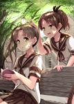  2girls :o ayanami_(kantai_collection) bench blush book brown_eyes brown_hair brown_skirt butterfly butterfly_on_head commentary_request dappled_sunlight ear hair_ribbon highres holding holding_book hopper insect kantai_collection light_rays long_hair looking_to_the_side multiple_girls open_book open_mouth outdoors pleated_skirt ponytail ribbon school_uniform serafuku shade shikinami_(kantai_collection) short_hair side_ponytail sitting skirt smile sunlight tree tree_shade window 