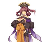  1girl bare_shoulders breasts brown_hair cleavage dagger earrings gloves hair_ornament jewelry koihime_musou large_breasts long_hair looking_at_viewer mole simple_background smile solo thigh-highs weapon yellow_eyes 