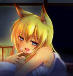  1girl :d animal_ears armpits bare_shoulders blanket blonde_hair blue_eyes blush fang finger_to_mouth fox_ears fujikusa hair_between_eyes heart heart-shaped_pupils heavy_breathing japanese_clothes long_hair looking_at_viewer lying night night_sky on_bed on_stomach open_mouth original pillow sky sleeveless smile solo symbol-shaped_pupils tongue tongue_out under_blanket 