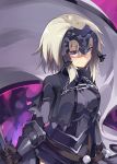  1girl absurdres armor banner blonde_hair fate/grand_order fate_(series) gauntlets highres jeanne_alter long_hair looking_at_viewer nomalandnomal ruler_(fate/apocrypha) ruler_(fate/grand_order) smile solo weapon yellow_eyes 