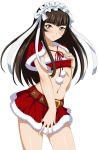  1girl brown_eyes brown_hair flat_chest highres hime_cut ikkitousen long_hair looking_at_viewer maid_headdress navel red_skirt santa_costume simple_background skirt solo ten&#039;i_(ikkitousen) white_background 