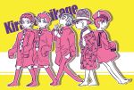  5boys barefoot bowler_hat cat_band_legwear character_name collared_shirt hair_slicked_back hat highres jojo_no_kimyou_na_bouken jojolion kawajiri_kousaku kira_yoshikage kira_yoshikage_(jojolion) male_focus mok921 monochrome multiple_boys multiple_persona necktie no_pants no_shoes oversized_clothes sailor sailor_hat shirt spiky_hair thigh-highs younger 