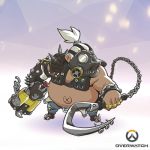  1boy artist_request chain chibi copyright_name fat full_body gas_mask gun lowres male_focus mask official_art overwatch roadhog_(overwatch) shirtless solo spikes weapon white_hair x_navel 