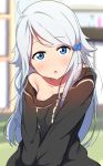  1girl :o ahoge bangs black_sweater blue_eyes blurry blush breasts collarbone depth_of_field hair_ornament hair_scrunchie head_tilt icehotmilktea imouto_sae_ireba_ii kani_nayuta long_hair looking_at_viewer off_shoulder scrunchie silver_hair solo sweater swept_bangs v_arms 