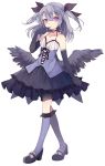  1girl black_gloves black_shoes black_wings blue_legwear blush breasts dress elbow_gloves finger_to_mouth full_body gloves grey_hair halterneck haruka_(reborn) high_heels highres kneehighs long_hair original pleated_skirt shoes simple_background skirt solo triangle_mouth two_side_up violet_eyes white_background wings 