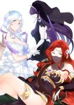  3girls :o absurdres arabian_clothes arm_support armband artist_request bare_shoulders blue_eyes blue_hair bridal_gauntlets choker circlet flower gloves hair_flower hair_ornament hair_over_eyes highres horns jewelry long_hair multiple_girls pale_skin profile purple_hair redhead simple_background smile thigh_strap veil white_background wings yellow_eyes 