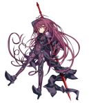  1girl armor armored_boots bodysuit boots covered_navel fate/grand_order fate_(series) gae_bolg high_heels holding holding_weapon long_hair looking_at_viewer parted_lips purple_hair red_eyes scathach_(fate/grand_order) shino_(eefy) shoulder_armor simple_background solo very_long_hair younger 