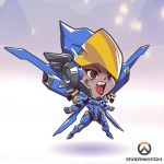  1girl armor artist_request brown_hair chibi copyright_name full_body helmet lowres official_art open_mouth overwatch pharah_(overwatch) solo 