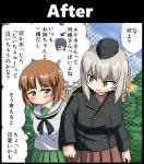  blush brown_hair comic girls_und_panzer itsumi_erika kawashima_momo long_hair military military_uniform multiple_girls nishizumi_miho roah short_hair silver_hair translation_request uniform 