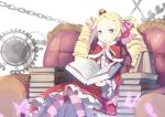  1girl :o beatrice_(re:zero) blonde_hair blue_eyes blush book book_stack bow butterfly capelet chain couch crown dress drill_hair frills fur_trim hair_bow hair_ribbon hear lace-trimmed_sleeves long_hair long_sleeves looking_at_viewer mini_crown open_book pantyhose pink_bow re:zero_kara_hajimeru_isekai_seikatsu red_dress ribbon sitting solo striped striped_legwear symbol-shaped_pupils transparent twin_drills twintails white_background wide_sleeves zzzzxxx2010nian 