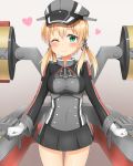  1girl ;) absurdres anchor_hair_ornament anchor_symbol black_shirt blonde_hair cannon gloves green_eyes hair_ornament hat highres iron_cross kantai_collection looking_at_viewer mecha_musume military nedia_r one_eye_closed peaked_cap pleated_skirt prinz_eugen_(kantai_collection) shirt skirt smile torpedo twintails white_gloves 