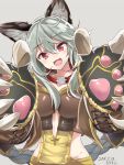  1girl :d animal_ears blush breasts claw_(weapon) claws collar fangs granblue_fantasy grey_hair highres kazami_chiu long_hair looking_at_viewer open_mouth red_eyes sen_(granblue_fantasy) smile solo upper_body weapon 