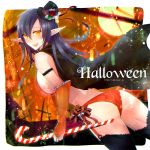  1girl :d armband ass ayasakinako~ blue_hair bra breasts bridal_gauntlets candy candy_cane capelet earrings elf garter_straps halloween halloween_costume jewelry long_hair looking_back open_mouth panties pointy_ears pumpkin smile solo thigh-highs top_hait underwear yellow_eyes 