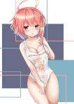  1girl ahoge bare_shoulders blush breasts cleavage collarbone commentary_request hair_ornament highres i-58_(kantai_collection) kantai_collection looking_at_viewer omoomomo open_mouth pink_hair plastic_bag_swimsuit red_eyes short_hair solo swimsuit textless twitter_username 