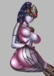  1girl ass blue_hair bodysuit breasts burakku-ra female grey_background high_ponytail highres large_breasts lips lying overwatch ponytail pout simple_background solo thighs widowmaker_(overwatch) yellow_eyes 