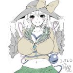  1girl :&gt; alternate_breast_size black_hat blue_eyes blush bow breasts cleavage collarbone dated eyeball green_skirt hat hat_bow hat_ribbon hat_tug heart heart_of_string impossible_clothes komeiji_koishi large_breasts long_sleeves looking_at_viewer midriff navel otogi_(s_in_w) ribbon shirt short_hair signature sketch skirt smile solo third_eye touhou upper_body white_background white_hair wide_sleeves yellow_shirt 