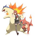  &gt;:d 1girl :d ahoge arashi_(kantai_collection) blouse charmeleon crossover gloves highres kantai_collection kerchief loafers messy_hair open_mouth pleated_skirt poke_ball pokemon pokemon_(creature) redhead shoes simple_background skirt smile thigh-highs tsukamoto_minori typhlosion vest violet_eyes 