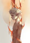  1boy abs brown_eyes fantasy highres male_focus malu original pointy_ears profile short_hair silver_hair solo topless 