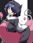  1girl animal_hood blob blue_eyes blue_hair doremy_sweet hemogurobin_a1c hood long_sleeves looking_at_viewer open_mouth pajamas smile solo tail touhou wide_sleeves 