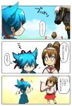  1boy 1girl bandages blue_hair comic female_saniwa_(touken_ranbu) hairband honchu horse japanese_clothes little_girl_saniwa_(touken_ranbu) miko ponytail saniwa_(touken_ranbu) sayo_samonji tabi touken_ranbu translation_request 