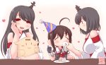  3girls :d ahoge bare_shoulders black_hair brown_hair cake closed_eyes closed_mouth commentary_request detached_sleeves food fork fusou_(kantai_collection) hair_ornament hat heart highres kanon_(kurogane_knights) kantai_collection long_hair multiple_girls nontraditional_miko open_mouth party_hat shigure_(kantai_collection) short_hair smile the_yuudachi-like_creature wide_sleeves yamashiro_(kantai_collection) 