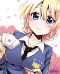  1girl bangs bittsu_(v1tz) blonde_hair blue_eyes blue_sweater blush braid breasts closed_mouth collarbone collared_shirt cup darjeeling emblem eyebrows eyebrows_visible_through_hair flower girls_und_panzer holding_cup looking_at_viewer necktie petals portrait rose rose_petals saucer shirt smile solo sweater teacup twitter_username white_background 