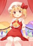  1girl akagashi_hagane ascot bangs bed blonde_hair bow flandre_scarlet hair_bow hat looking_at_viewer mob_cap on_bed pantyhose pillow pointy_ears puffy_sleeves red_bow red_eyes red_skirt sitting skirt skirt_set solo tongue tongue_out touhou vest white_legwear wings 